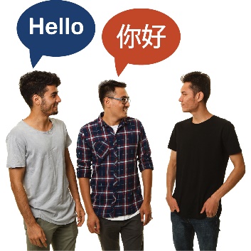 Three men talking to each other. Two have speech bubbles, one with hello in it and the other with Mandarin in it. 