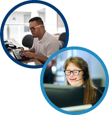 Montage of two images. The first is an office worker, the second is a woman talking into a headset. 