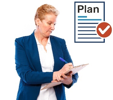 A woman writing on a clipboard and a plan icon with a tick on it. 