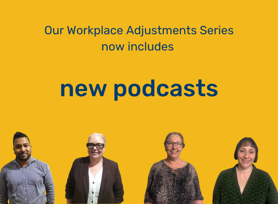 Composite image of 4 smiling people on yellow background, text says Our Workplace Adjustments Series now includes new podcasts