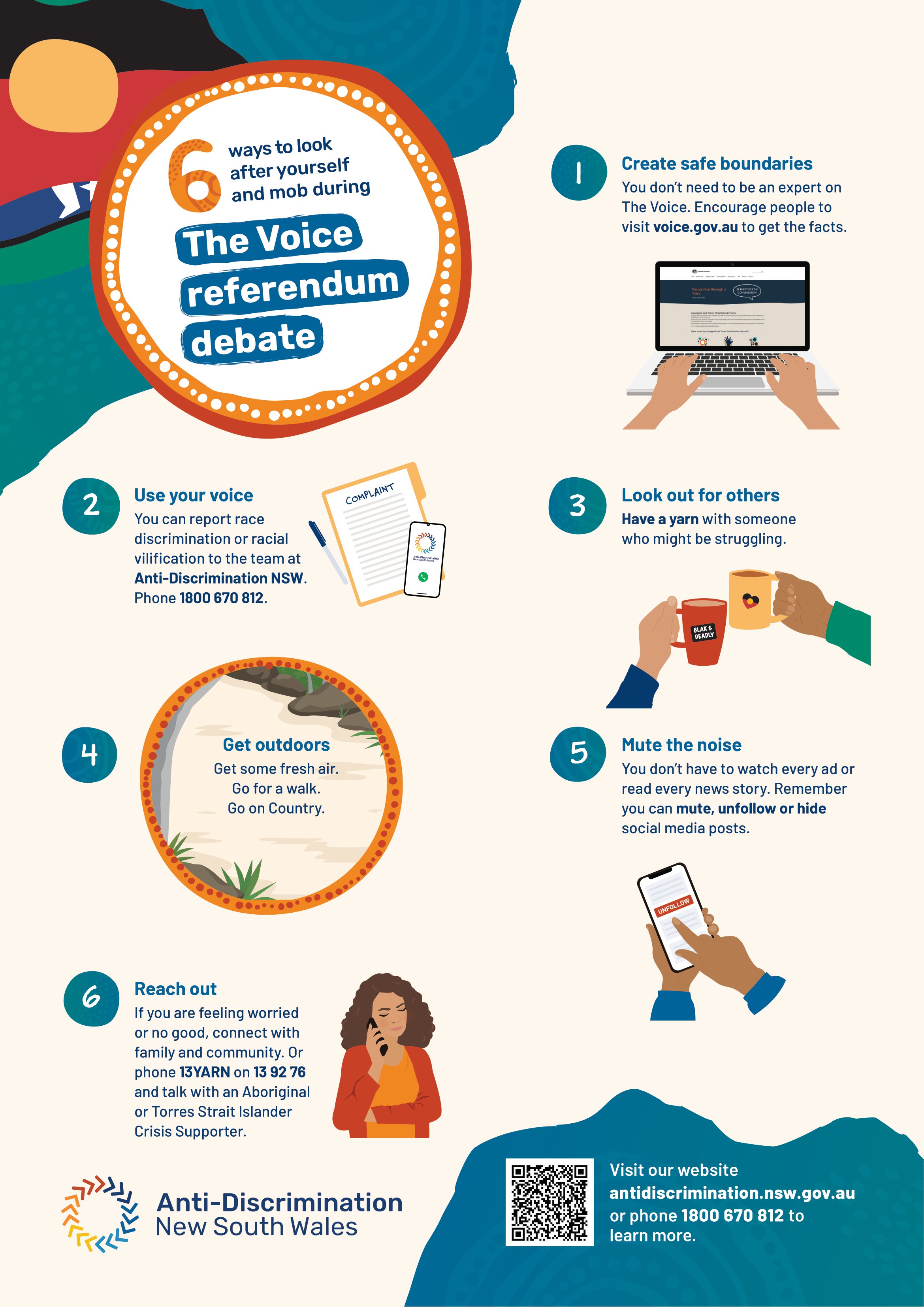 Poster with text reading "6 ways to look after yourselft and your mob during the voice referendum debate"